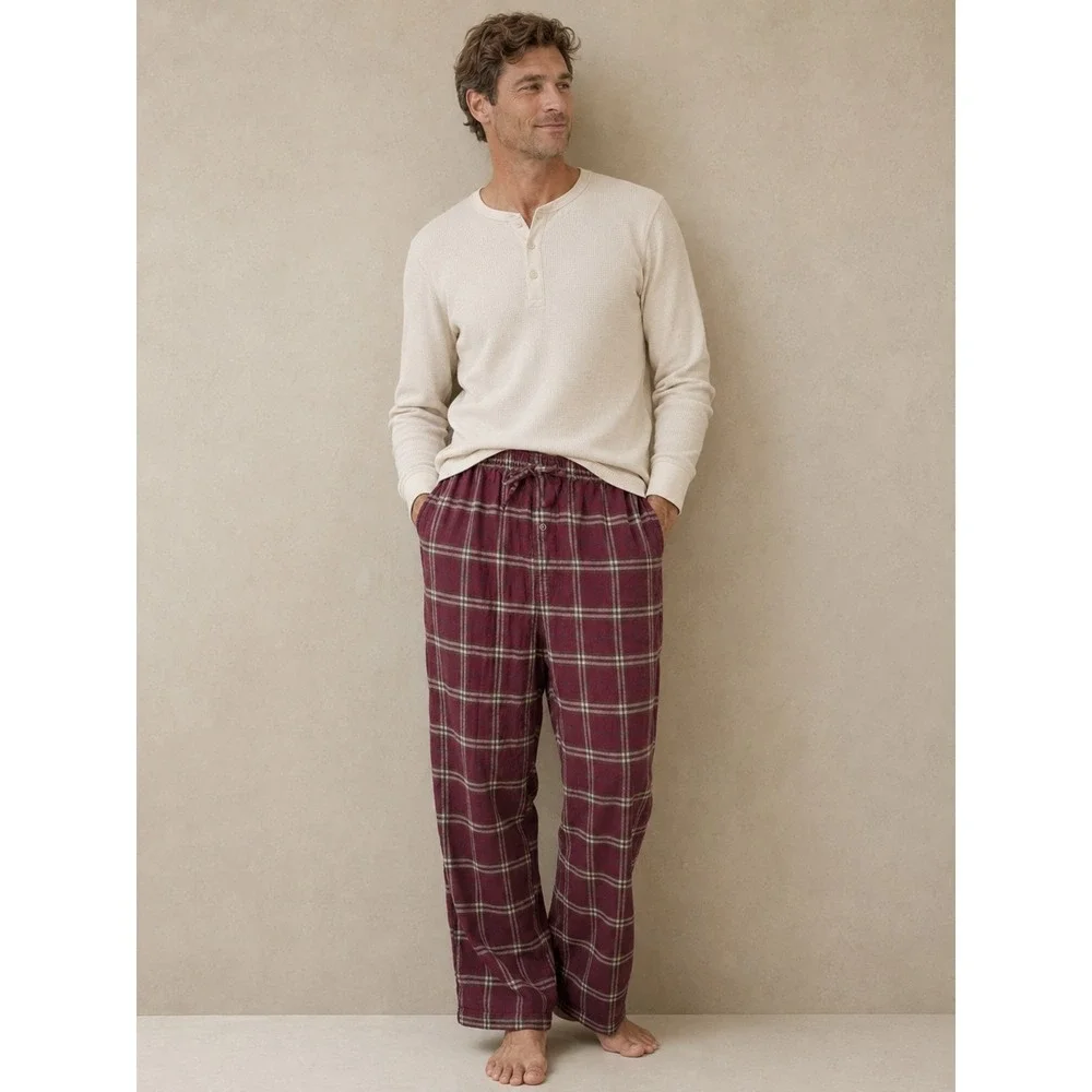 Garnet Hill‎ Mens Plaid Flannel Pajama Pants Burgundy Tan Cotton Sleepwear Large
